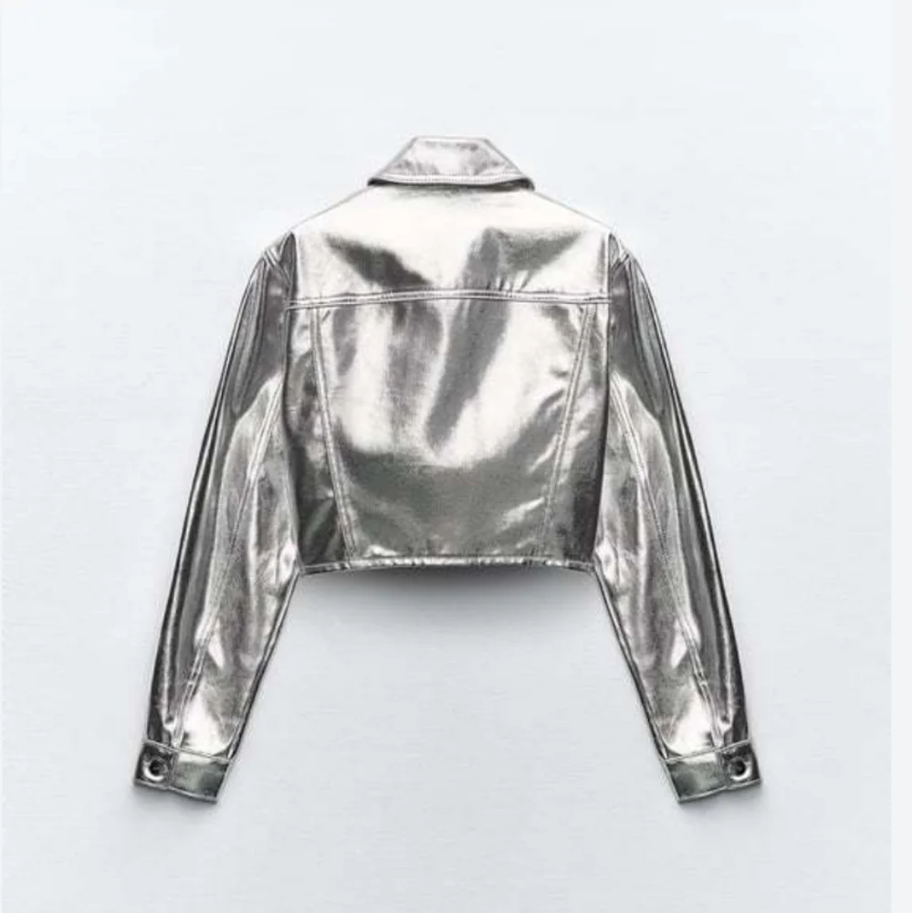 Zara SET  2 pc Metallic Crop Jacket and  Jeans size S and 0 Silver Foil_16